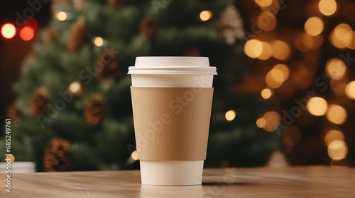 Paper cup with coffee   lose up. Coffee cup. Christmas tree with lights on the background. Holiday season. Time for drink coffee. Coffee to go. Take a break. Disposable paper cup. Mockup. Generated AI