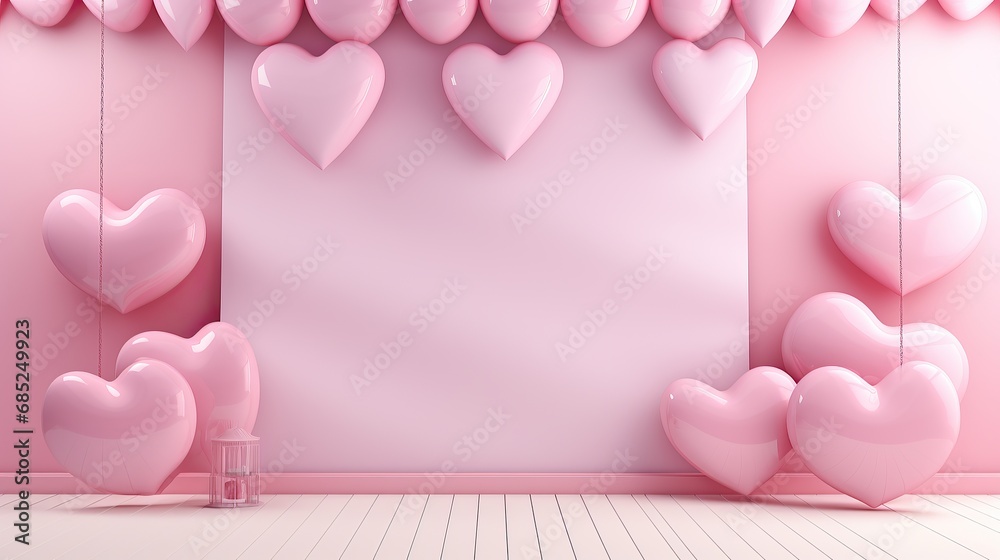 Concept of love valentine day with pink balloon heart background. podium or stage banner love valentine day with pink heart