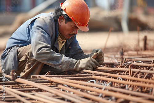 Construction worker Making Reinforcement steel rod and deformed bar with rebar at construction site photo
