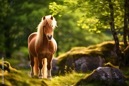 Photography of beautiful and cute Shetland pony, mini horse breed with beautiful mane, standing on a meadow, in sunny nature field, looking at the camera photo