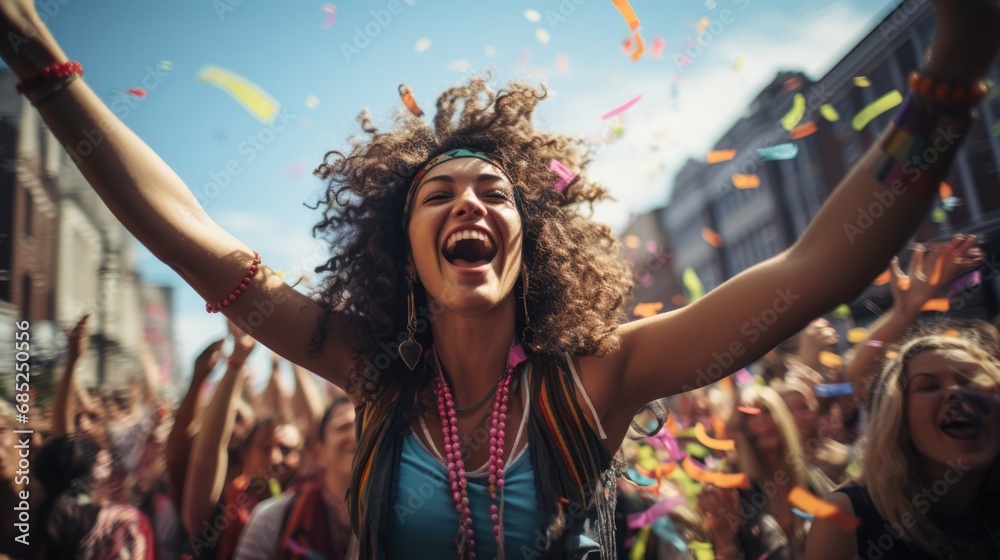 Obraz premium the carnival parade with people dressed in colorful costumes, confetti floating around 