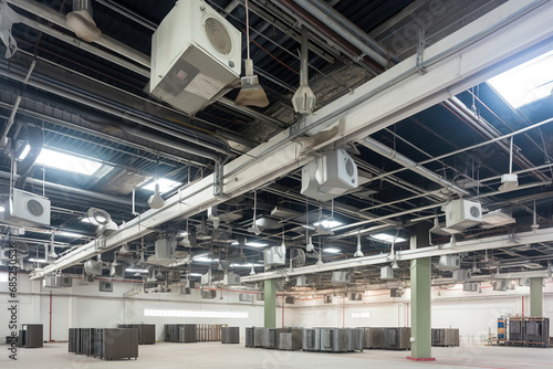 Ceiling mounted cassette type air condition units with other parts of ventilation system (tubes, cables and vents) located inside commercial hall with hanging lights and other construction parts. © arhendrix