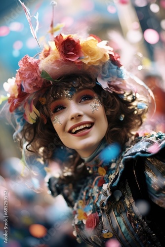 the carnival parade with people dressed in colorful costumes  confetti floating around 