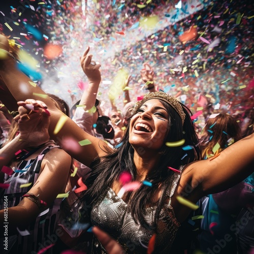 the carnival parade with people dressed in colorful costumes, confetti floating around
 photo
