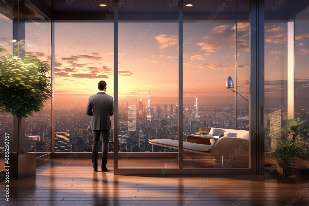 Businessman using mobile phone to talk business in office. View from the outside commercial skyscraper