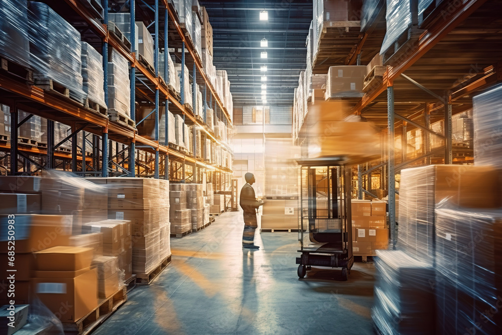 blur movement of worker in warehouse interior with shelves, pallets and boxes - obrazy, fototapety, plakaty 