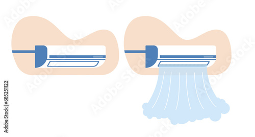 Air conditioner on and off. Cold and hot wind condition, cool and warm breezing. Ventilation conditioning system. Climate control electrical equipment for home. Cartoon flat vector concept