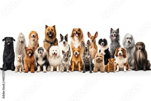 Art collage made of funny dogs different breeds posing isolated over white studio background. Concept of motion, action, pets love, animal life. Look happy, delighted. Copyspace for ad, flyer photo