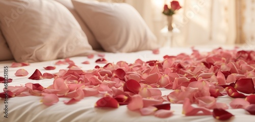 A detailed close-up shot, taken by the camera, highlights the intricate placement of rose petals on a bed, showcasing their meticulous arrangement.