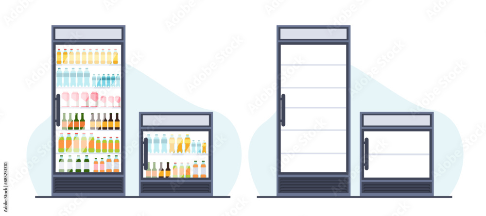 Beverage refrigerators with and without bottles. Supermarket merchandise equipment, transparent glass door. Empty and full store vertical fridge, cartoon flat isolated illustration vector concept
