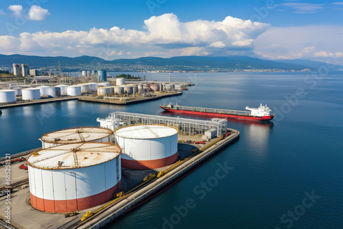 Aerial view oil terminal storage tank, White oil tank storage chemical petroleum petrochemical refinery product at oil terminal, Business commercial trade fuel energy transport by tanker ship vessel. photo