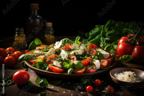 Salad Caprese surrounded by its ingredients on wooden table.
