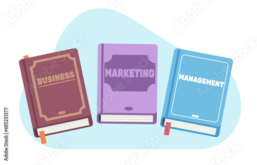 Books on marketing, business and management. Corporate specialized training. Economic education at university or college. Notebook covers. Cartoon flat isolated illustration. Vector concept