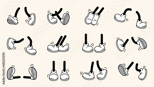 Vintage retro feet and boot vector collection. Comic retro feet in different poses, leg standing, walking, running, jumping. Isolated mascot footwear 1920 to 1950s. photo
