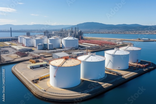 Aerial view oil terminal storage tank, White oil tank storage chemical petroleum petrochemical refinery product at oil terminal, Business commercial trade fuel energy transport by tanker ship vessel.