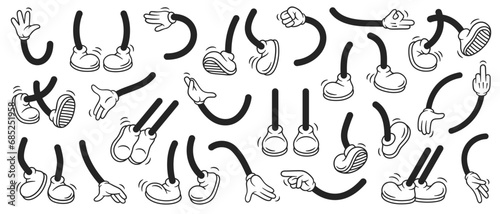 Vintage retro hands in gloves and feet in shoes. Comic retro feet and hands in different poses. Isolated mascot character elements of 1920 to 1950s. photo