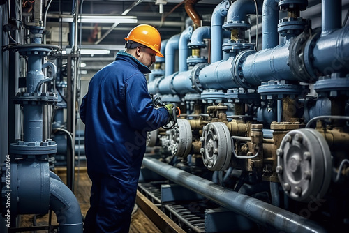 A worker at a water supply station inspects water pump valves equipment in a substation for the distribution of clean water at a large industrial estate. Water pipes. Industrial plumbing. photo