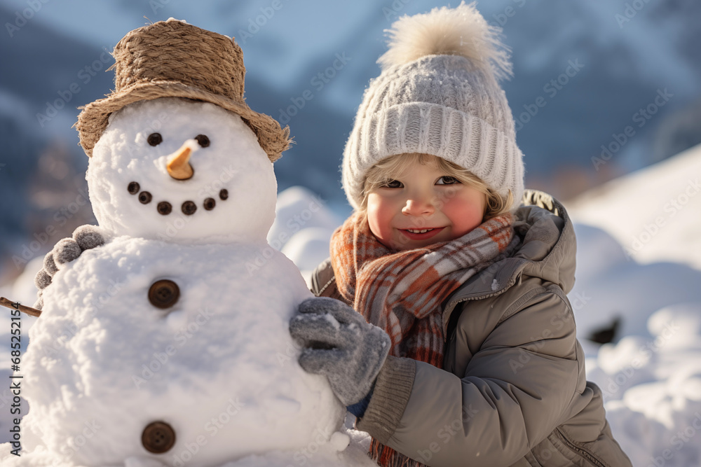 Portrait of Little Girl Hugging Snowman in Winter Landscape Portrait of Little Girl Hugging Snowman in Winter Landscape