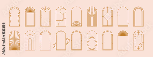 Modern aesthetic linear frames. Arch frames with sparkles and geometric forms for social media or poster design.