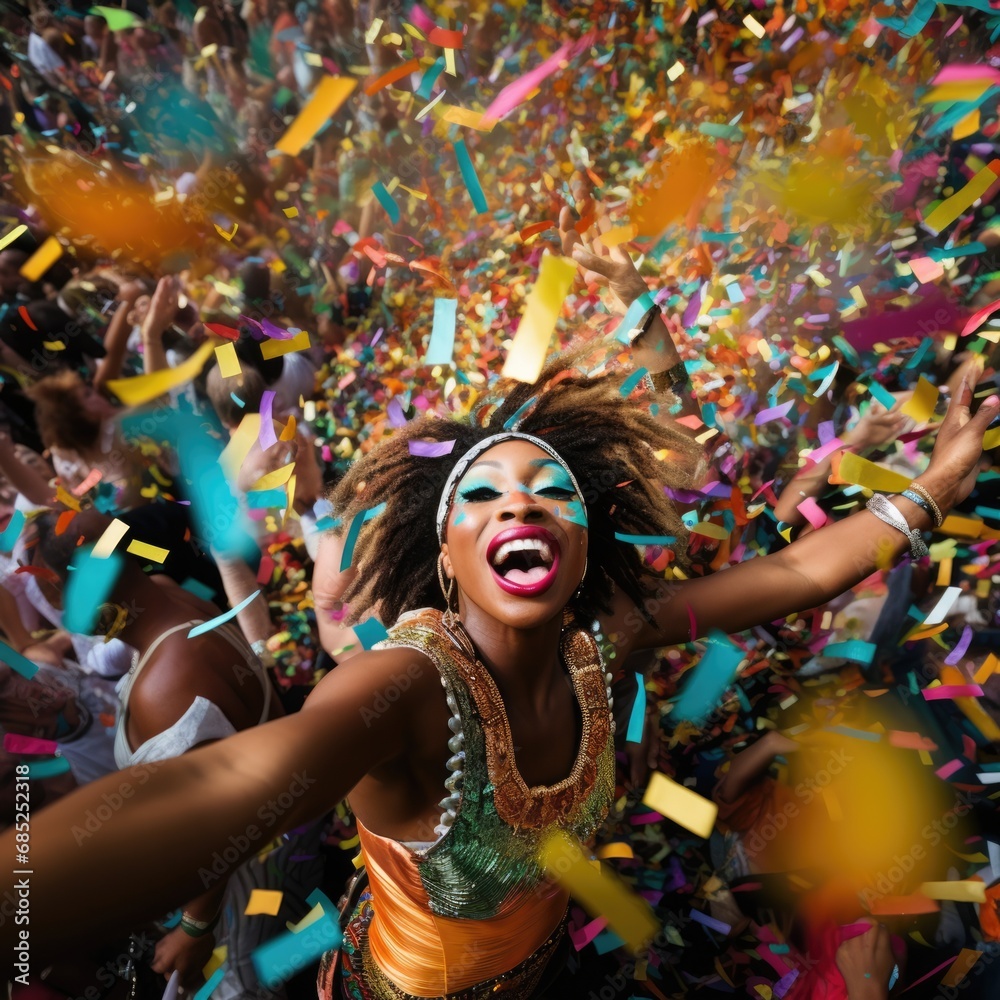 Obraz premium the carnival parade with people dressed in colorful costumes, confetti floating around 