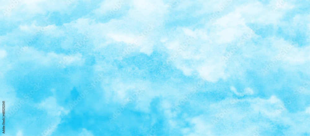 cloudy blue sky with washed and painted watercolor, Natural clouds cape is surrounding on blue sky, Sky clouds with brush painted blue watercolor texture, watercolor background with clouds.