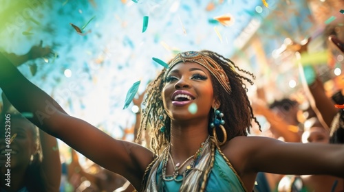 the carnival parade with people dressed in colorful costumes, confetti floating around 