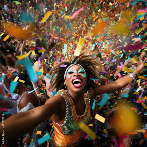 the carnival parade with people dressed in colorful costumes, confetti floating around 