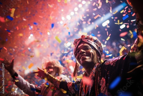 the carnival parade with people dressed in colorful costumes, confetti floating around 