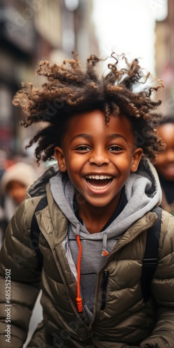 A Young african american Boy with Dreadlocks dancing Down a Colorful, Vibrant Street © Predrag