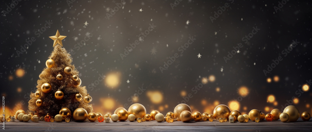 Christmas tree with gold baubles on bokeh background 3D rendering Christmas tree with gold baubles on bokeh background 3D rendering