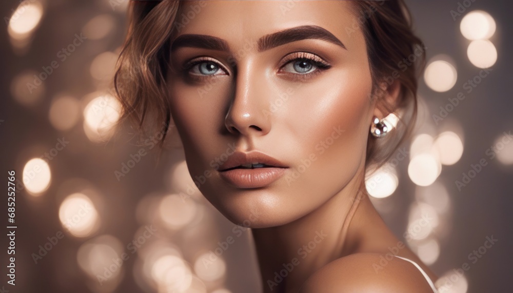 Beauty portrait of model with natural make-up. Fashion shiny highlighter on skin, sexy gloss lips Beauty portrait of model with natural make-up. Fashion shiny highlighter on skin, sexy gloss lips