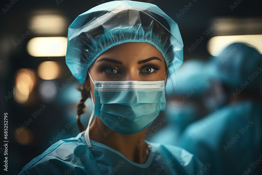 Surgical nurse in a mask, cap and gown. In the operating room Surgical nurse in a mask, cap and gown. In the operating room