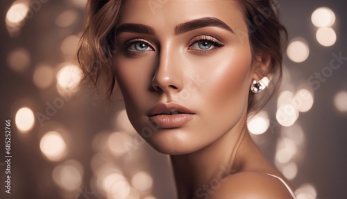 Beauty portrait of model with natural make-up. Fashion shiny highlighter on skin, sexy gloss lips