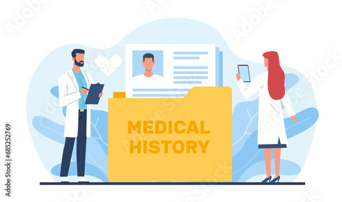 Doctor keeps record of patients medical history and health information. Anamnesis for diagnosis and treatment. Document with patient illness progress cartoon flat isolated vector concept