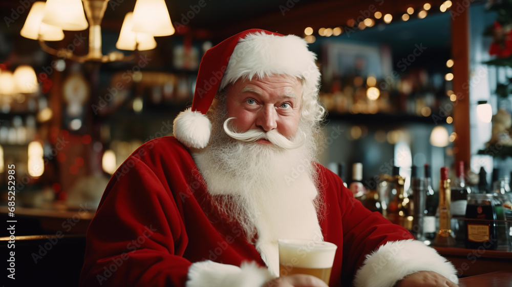 Santa Claus in the bar. Cheerful happy and smiled bearded man in Santa suit in pub. Glass of beer in hands. Merry Christmas and Happy New Year. Alcohol, drinking beer. Winter holidays. Generated AI Santa Claus in the bar. Cheerful happy and smiled bearded man in Santa suit in pub. Glass of beer in hands. Merry Christmas and Happy New Year. Alcohol, drinking beer. Winter holidays. Generated AI