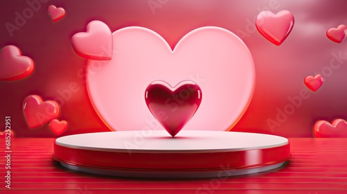 Pedestal for product display presentation for Valentine's Day. Romantic showcase with hearts on a red background