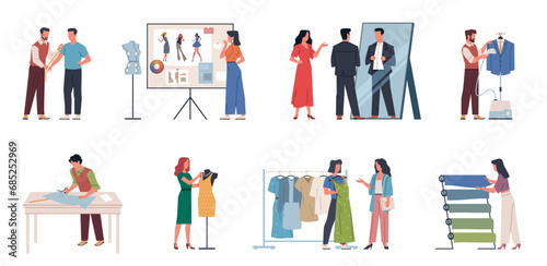 Garment production. Dressmakers, designers and cutters work, people create clothes, fabrics, mannequins, sewing patterns, professional equipment in workshop, cartoon flat nowaday vector set
