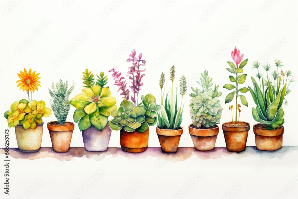 A row of potted plants sitting on top of a table