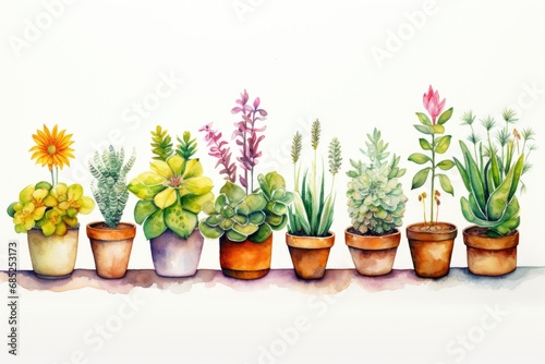 A row of potted plants sitting on top of a table © Friedbert