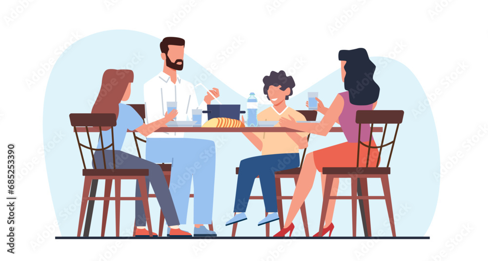 Happy family is having dinner at kitchen table. Parents with children. Mother, father and kids eating together. Breakfast or lunch. Weekend meal. Cartoon flat isolated vector concept Happy family is having dinner at kitchen table. Parents with children. Mother, father and kids eating together. Breakfast or lunch. Weekend meal. Cartoon flat isolated vector concept