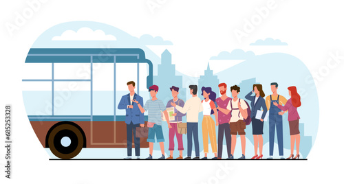 Group of people waiting to board bus at city public transportation station. Schoolchildren, workers and business people. Urban transport. Late driver cartoon flat isolated vector concept