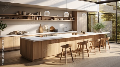 Interior of modern spacious kitchen with wooden trim in luxury villa. Open shelves with utensils, counter with bar stools, panoramic windows with picturesque landscape view. Contemporary home design.
