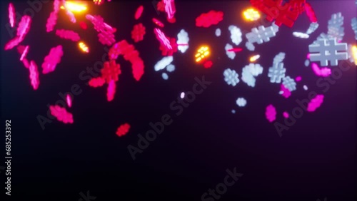 blurred flying hastags. Colorful object or symbols for web searching on dark background. Shiny glow video effect photo