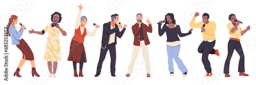 Karaoke singers. Happy senior people, talented men and women with microphone singing and dancing, musicians performing, vocalists in different poses, cartoon flat isolated tidy vector set