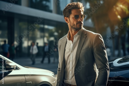 Half-length portrait of young Caucasian man wearing trendy suit outdoors. Stylish businessman in white shirt and grey suit standing at white luxury car in a city street. Confident male entrepreneur.