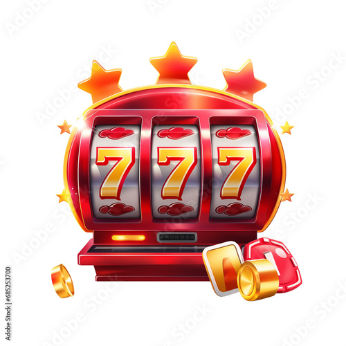 Slot machine with lucky sevens jackpot. Lucky seven 777 slot machine for casino games. Colorful PNG illustration on white background. photo