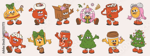 Merry Christmas and Happy New Year collection. Tree, Santa Claus, cocoa, xmas sock, coffee, soda, gift, balls, bell of trendy retro mascot style. Groovy cartoon characters