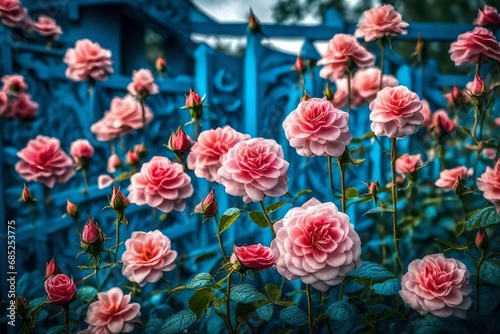 closeup view ,beautiful flowers,flowers colour is rose , in 4d dimensions ,near the home, gate is blue colour.