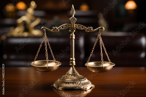 A golden scale sitting on top of a wooden table