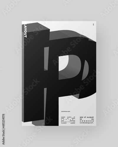 Abstract poster design. Vertical A4 format. Refraction and distorted 3d letter. Chopped, cut, glitch, broken type composition.